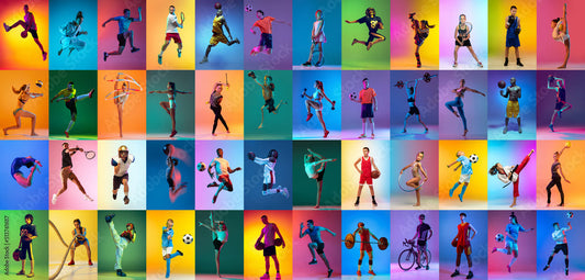 Athletes of all kinds are shown in a colorful background. 