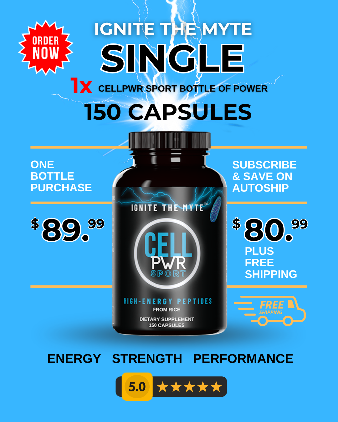 Pricing for CELLPWR SPORT supplement bottle with promotional text.