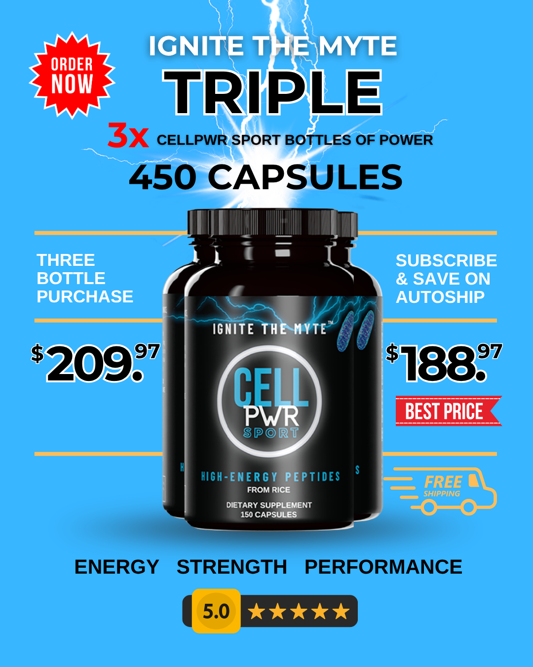 Pricing for CELLPWR SPORT three bottles with subscribe and save on autoship promotional text.